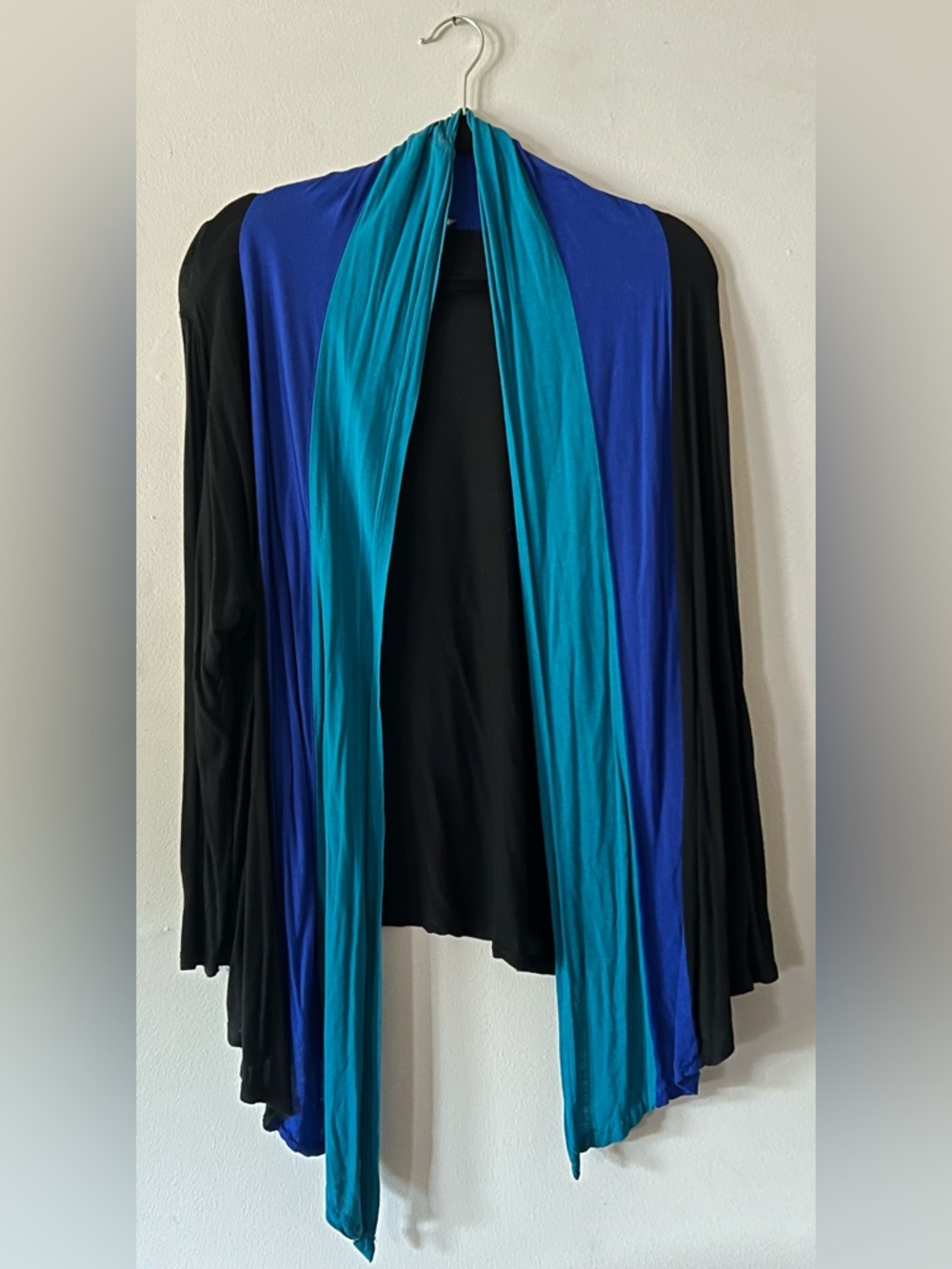 Cable & Gauge Black Cardigan with Blue and Teal Draped Panels